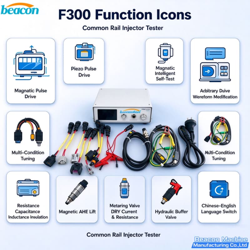 {F300 comprobador de inyectores common rail piezo y solenoide | BEACON MACHINE probador diésel multimarca Bosch Denso Delphi Hilux Transit 0445120}