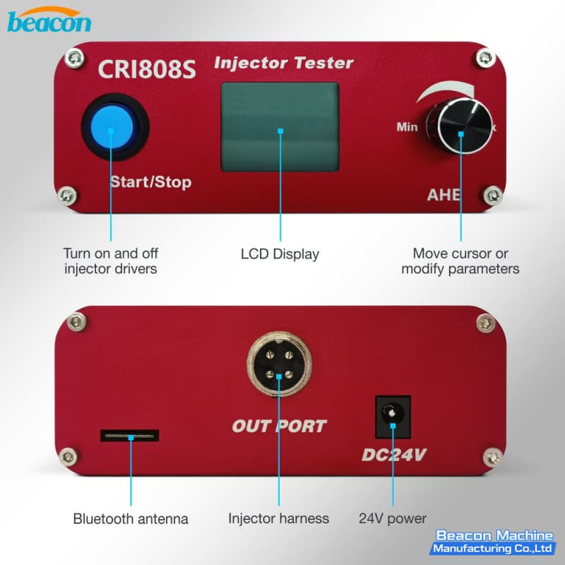 Interfaz de controlador de inyectores diésel CRI808S con pantalla LCD y perilla de ajuste AHE.