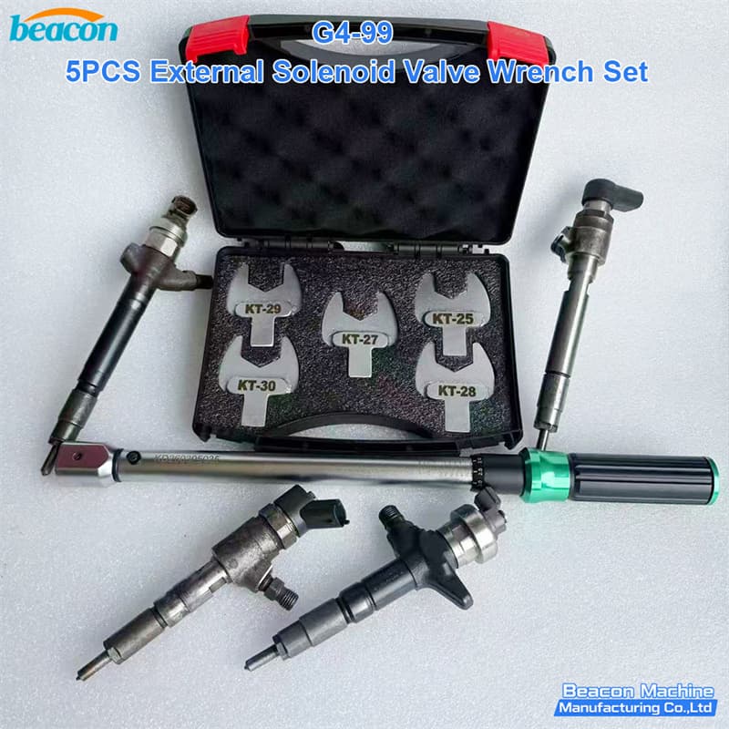 Aplicación técnica de la llave de precisión tipo pata de gallo KT-30 sobre el solenoide externo de un inyector diésel.