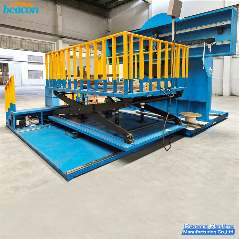 Bobinadora industrial BEACON MACHINE WD-3500 con barandilla de seguridad reforzada y estructura azul.