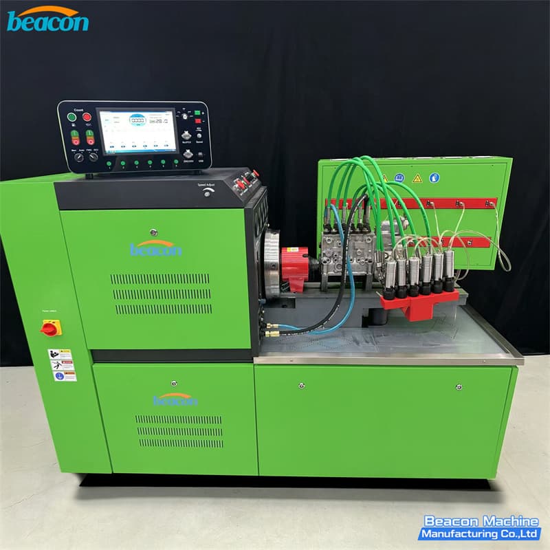Banco de pruebas BEACON MACHINE ES816 vista frontal completa con consola de control digital industrial.