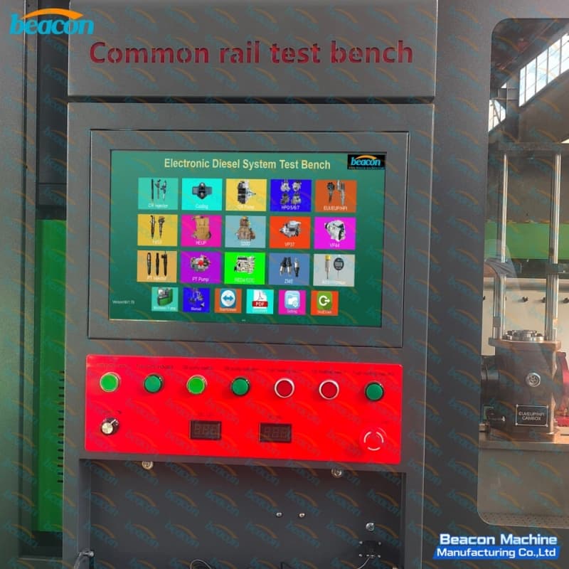 Detalle de la pantalla táctil industrial con software de diagnóstico multi-sistema y botonera de control.